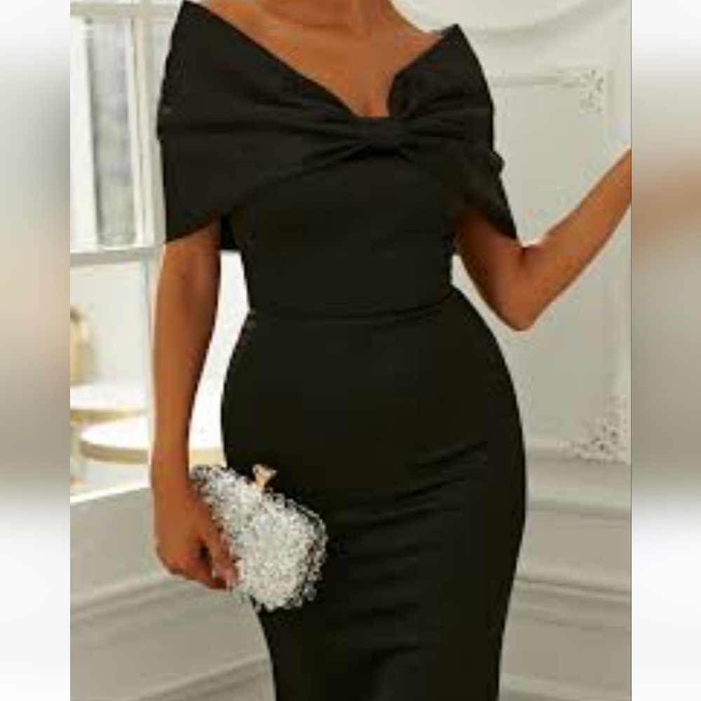 NWT Off The Shoulder Knot Bow Black Formal Maxi Dress, Mermaid Size L (8/10)